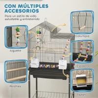PawHut Pajarera con Ruedas Múltiples Puertas 2 Comederos 2 Perchas Columpio Escaleras y Bandeja Extraíble 46x36x120 cm Negro(m-4)