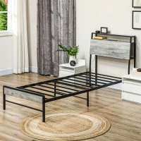 HOMCOM Single Steel Bed Frame, with LED Lights and Headboard Shelf - Grey(m-9)