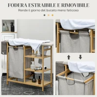 HOMCOM Cestino Portabiancheria in Bambù e Poliestere con Asse da Stiro e Ripiano a 3 Livelli, 113x34x82 cm(m-6)