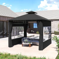 Outsunny 3 x 3 m Garden Gazebo, Double Roof Metal Gazebo with Removable Sidewalls and Church Windows, Outdoor Canopy Shelter, Black(m-10)