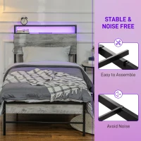 HOMCOM Single Steel Bed Frame, with LED Lights and Headboard Shelf - Grey(m-7)