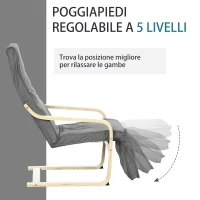 HOMCOM Poltrona Relax con Poggiapiedi a 5 Livelli e Poggiatesta in Legno di Betulla e Tessuto, Grigio(m-4)