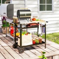 Outsunny BBQ Trolley with Stainless Steel Top Adjustable Shelf, Outdoor Kitchen BBQ Station with Hooks Seasoning Tray Towel Rack, Pizza Oven Table Movable Outdoor Grill Dining Cart with Cover, Black(m-8)