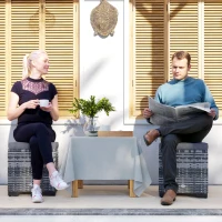 Outsunny Set of 2 Rattan Storage Ottoman, Outdoor Footstool with Removable Cushions, Garden Storage Seat for Balcony, Porch, Living Room, Dark Grey(m-2)