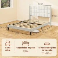 HOMCOM Estructura de Cama 135x190 cm con Cabecera y Espacio de Almacenamiento Debajo de la Cama Carga 300 kg Beige(m-3)