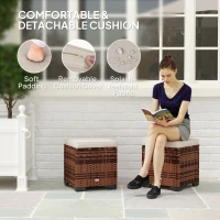 Outsunny Set of 2 Rattan Storage Ottoman, Outdoor Footstool with Removable Cushions, Garden Storage Seat for Balcony, Porch, Living Room, Beige(m-5)