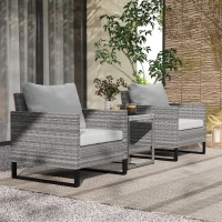 Outsunny 3 Pieces Rattan Bistro Set with 4 Cushions, Wicker Garden Furniture Set, Glass Top Coffee Table and Chairs for Outdoor Patio, Balcony, Terrace and Conservatory, Grey(m-2)
