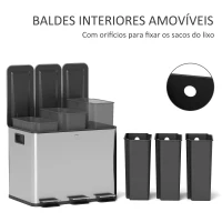 HOMCOM Balde de Lixo de Cozinha com 3 Compartimentos 3x10L com Pedais Tampas com Fechamento Suave e Cubo Amovível 49,6x34,5x38,6 cm Prata(m-7)