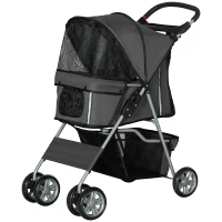 PawHut Carrinho de Passeio para Animais de Estimação Dobrável com Cesta de Armazenamento e Travão 75x45x97 cm Cinza(m-11)