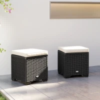Outsunny Set of 2 Rattan Storage Ottoman, Outdoor Footstool with Removable Cushions, Garden Storage Seat for Balcony, Porch, Living Room, Cream(m-9)