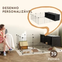 PawHut Recinto para Pequenos Animais Modular Parque para Coelhos com 39 Painéis 3 Abrigos para Cobaias e Coelhos-da-Índia Preto(m-4)