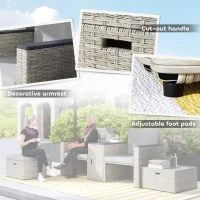 Outsunny 5 Piece Rattan Garden Furniture Set, Nesting Outdoor Furniture Conversation Set with 2 Footstools, WPC Storage Coffee Table and Cushions, Wicker Garden Sofa for Conservatory, Terrace, Grey(m-9)