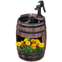 Outsunny Wood Barrel Patio Water Fountain Electric Pump Garden Decorative Ornament with Flower Planter Decor(m-17)