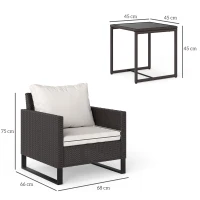 Outsunny 3 Pieces Rattan Bistro Set with 4 Cushions, Wicker Garden Furniture Set, Glass Top Coffee Table and Chairs for Outdoor Patio, Balcony, Terrace and Conservatory, Brown(m-3)