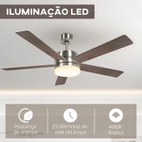 HOMCOM Ventoinha de Teto com Luz LED 46W Ø132 cm com 5 Lâminas Reversíveis Controlo Remoto 6 Velocidades e Temporizador Natural(m-5)