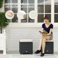 Outsunny Set of 2 Rattan Storage Ottoman, Outdoor Footstool with Removable Cushions, Garden Storage Seat for Balcony, Porch, Living Room, Cream(m-5)