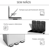 HOMCOM Balde de Lixo de Cozinha com 3 Compartimentos 3x10L com Pedais Tampas com Fechamento Suave e Cubo Amovível 49,6x34,5x38,6 cm Prata(m-6)
