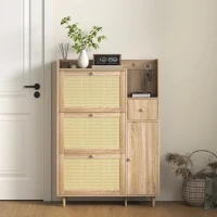 HOMCOM Zapatero con 3 Cajones Abatibles con Frentes de Ratán Cajón y Armario para Decoraciones y Llaves 80x23x120 cm Roble(m-9)