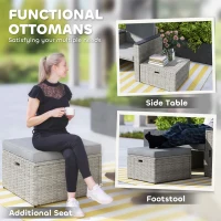 Outsunny 5 Piece Rattan Garden Furniture Set, Nesting Outdoor Furniture Conversation Set with 2 Footstools, WPC Storage Coffee Table and Cushions, Wicker Garden Sofa for Conservatory, Terrace, Grey(m-6)