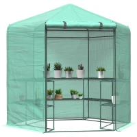 Outsunny Hexagon Walk In Greenhouse with Shelves, Outdoor Green House Grow House with Waterproof PE Cover and Roll-up Door, 228 x 196 x 215 cm, Green(m-1)