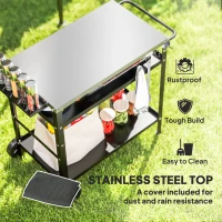 Outsunny BBQ Trolley with Stainless Steel Top Adjustable Shelf, Outdoor Kitchen BBQ Station with Hooks Seasoning Tray Towel Rack, Pizza Oven Table Movable Outdoor Grill Dining Cart with Cover, Black(m-4)