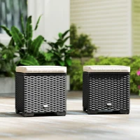 Outsunny Set of 2 Rattan Storage Ottoman, Outdoor Footstool with Removable Cushions, Garden Storage Seat for Balcony, Porch, Living Room, Cream(m-8)