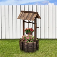 Outsunny Wooden Wishing Well Planter Outdoor Flower Pot Backyard Garden Decor w/ Bucket(m-11)