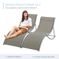 Outsunny Lot de 2 bains de soleil pliables, chaise longue jardin extérieur en aluminium et textilène, transat jardin extérieur pour patio terrasse plage, charge 120 Kg, gris clair(m-4)