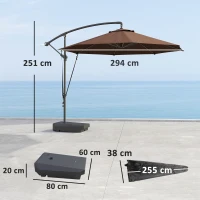Outsunny 3(m) Garden Cantilever Parasol with Fillable Base up to 90kg, Wind Protection Strap, Cover, Round Banana Hanging Umbrella with Crank Handle and Tilt, UPF50+ Patio Umbrella, Brown(m-3)