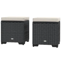 Outsunny Set of 2 Rattan Storage Ottoman, Outdoor Footstool with Removable Cushions, Garden Storage Seat for Balcony, Porch, Living Room, Cream(m-11)