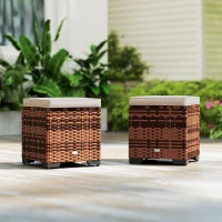 Outsunny Set of 2 Rattan Storage Ottoman, Outdoor Footstool with Removable Cushions, Garden Storage Seat for Balcony, Porch, Living Room, Beige(m-8)