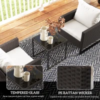 Outsunny 3 Pieces Rattan Bistro Set with 4 Cushions, Wicker Garden Furniture Set, Glass Top Coffee Table and Chairs for Outdoor Patio, Balcony, Terrace and Conservatory, Brown(m-6)
