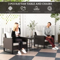 Outsunny 3 Pieces Rattan Bistro Set with 4 Cushions, Wicker Garden Furniture Set, Glass Top Coffee Table and Chairs for Outdoor Patio, Balcony, Terrace and Conservatory, Brown(m-4)