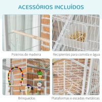PawHut Gaiola para Pássaros com Rodas de 3 Níveis com 3 Poleiros Comedouros Brinquedos Rampas e Prateleira 83x53x180 cm Branco(m-5)