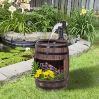 Outsunny Wood Barrel Patio Water Fountain Electric Pump Garden Decorative Ornament with Flower Planter Decor(m-15)