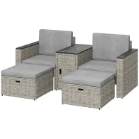 Outsunny 5 Piece Rattan Garden Furniture Set, Nesting Outdoor Furniture Conversation Set with 2 Footstools, WPC Storage Coffee Table and Cushions, Wicker Garden Sofa for Conservatory, Terrace, Grey(m-11)