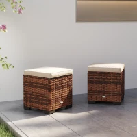 Outsunny Set of 2 Rattan Storage Ottoman, Outdoor Footstool with Removable Cushions, Garden Storage Seat for Balcony, Porch, Living Room, Beige(m-9)