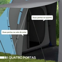 Outsunny Tenda de Campismo Familiar para 4-6 Pessoas com 2 Dormitórios Impermeável 3000 mm com Bolsa 555x225x190 cm Cinza e Azul(m-5)
