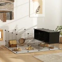 PawHut Recinto para Pequenos Animais Modular Parque para Coelhos com 39 Painéis 3 Abrigos para Cobaias e Coelhos-da-Índia Preto(m-2)