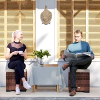 Outsunny Set of 2 Rattan Storage Ottoman, Outdoor Footstool with Removable Cushions, Garden Storage Seat for Balcony, Porch, Living Room, Beige(m-2)