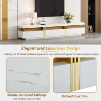 Luxury TV Stand with 3 Drawers, Faux Marble Top, and Golden Panel Design, 200L x 40W x 42H cm, White(m-5)