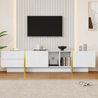 Modern TV Stand with Storage Cabinet for 85-Inch TV, Entertainment Centre with Open Shelves, 190L x 35W x 45H cm, White+Gold(m-1)