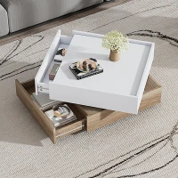 Square Rotating Coffee Table with 2 Drawers and Swivel Top, 2-Tier Centre Table with Storage, 60L x 60W x 38H cm, White+Oak(m-8)