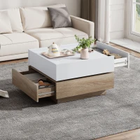 Square Rotating Coffee Table with 2 Drawers and Swivel Top, 2-Tier Centre Table with Storage, 60L x 60W x 38H cm, White+Oak(m-9)