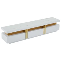 Luxury TV Stand with 3 Drawers, Faux Marble Top, and Golden Panel Design, 200L x 40W x 42H cm, White(m-11)