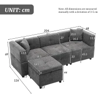 L-Shaped Sectional Sofa with Removable Storage Ottoman and 2 Pillows, Fabric Upholstery, 204L x 68W x 69H cm, Grey(m-3)