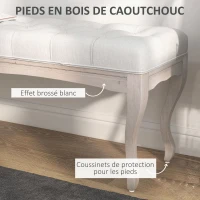 HOMCOM Banc Banquette capitonnée Style Classique 110 cm Bout de lit Rembourrée en lin piètement Bois hévéa sculpté blanc crème(m-5)