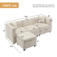 L-Shaped Sectional Sofa with Removable Storage Ottoman and 2 Pillows, Fabric Upholstery, 204L x 68W x 69H cm, Beige(m-3)