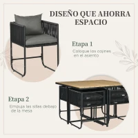 Outsunny Conjunto de Jardín Exterior con Mesa Cuadrada 110x110x75 cm y 4 Sillas con Cojines 50,5x49,5x67 cm Negro y Natural(m-7)