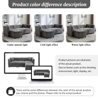 L-Shaped Sectional Sofa with Removable Storage Ottoman and 2 Pillows, Fabric Upholstery, 204L x 68W x 69H cm, Grey(m-7)